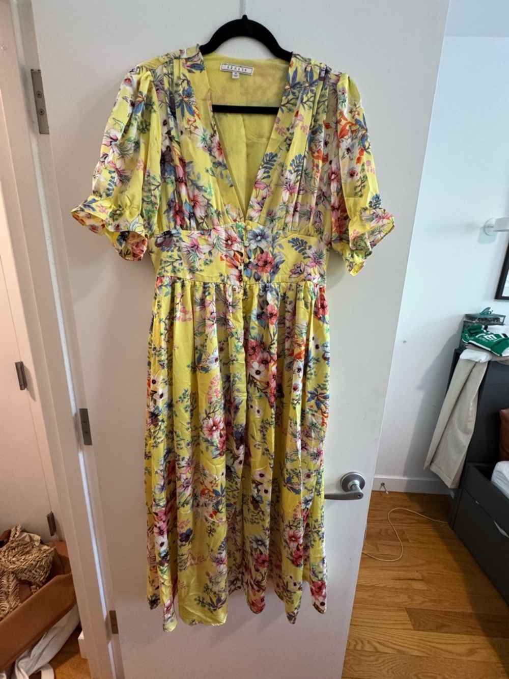 Yellow Floral V-Neck Midi Dress